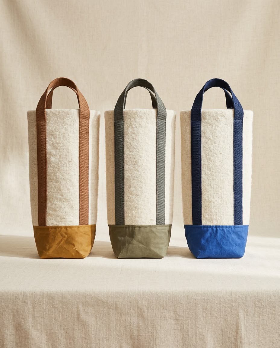 Three Fleeced wool bottle bags with mustard, olive and navy bases