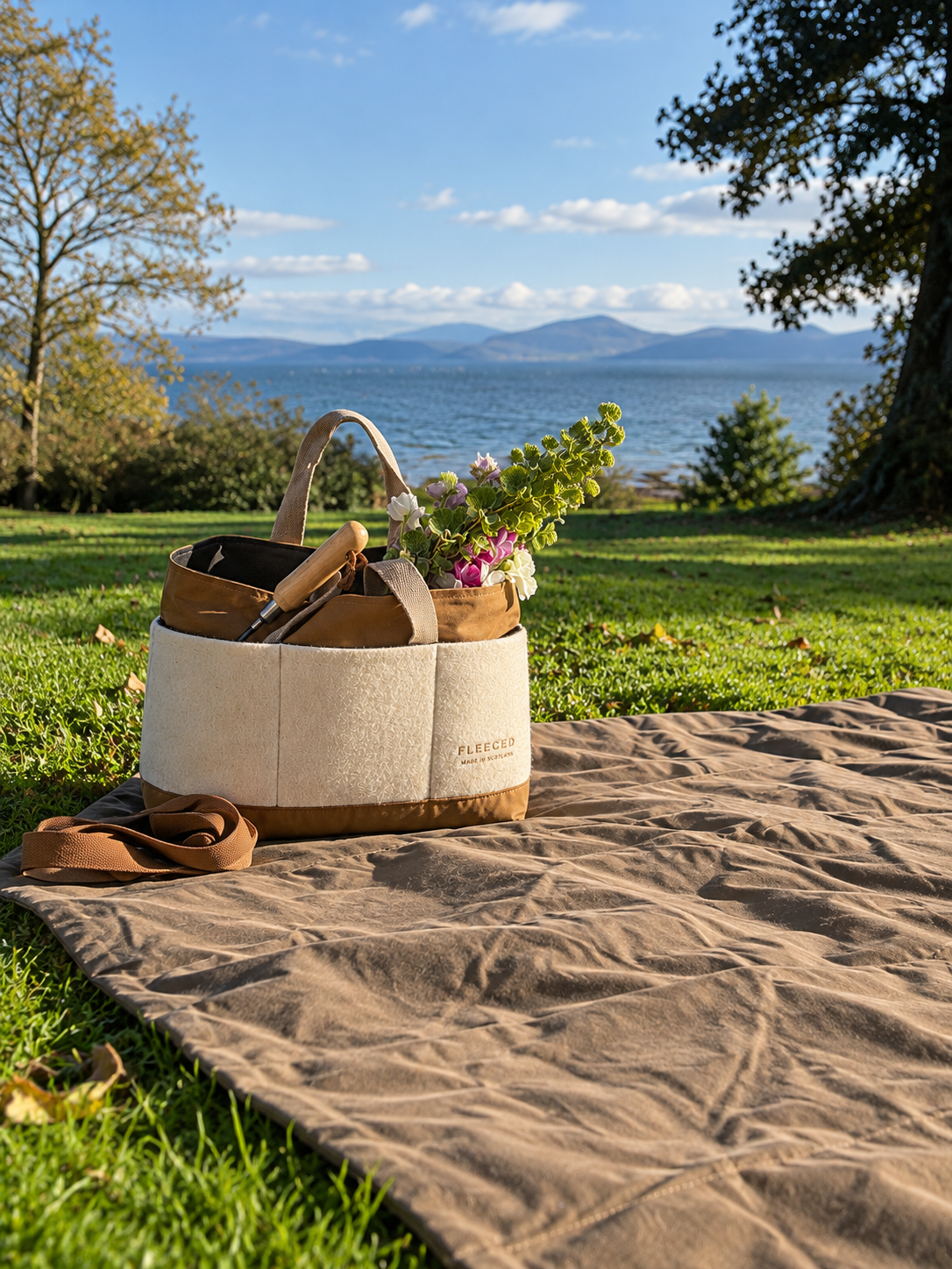 The Fleeced Picnic Rug and a brown wool tote beside the water in Kintyre